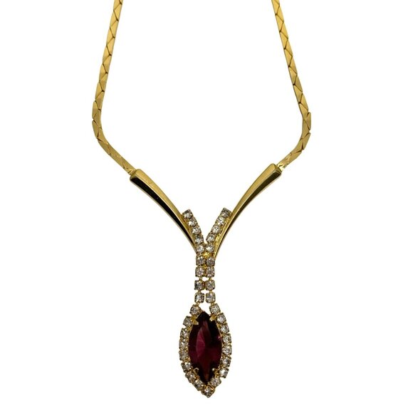 VTG Merlite Signed Gold Plated Herringbone Necklace CZs + Red Rhinestone 15" - Picture 1 of 5